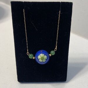 Vintage Cloisonné Bead Necklace on Fine 14k Chain
